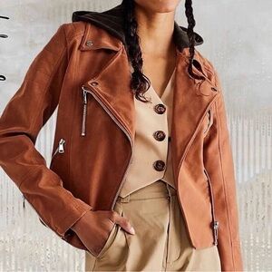 Free People Harriet Hooded Brown Vegan Leather Suede Moto Zip Jacket